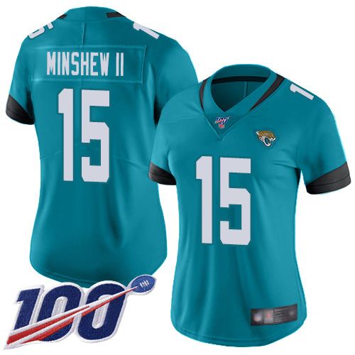 Nike Jacksonville Jaguars #15 Gardner Minshew II Teal Green Alternate Women Stitched NFL 100th Season Vapor Limited Jersey->women nfl jersey->Women Jersey